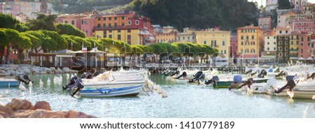 Small yachts and fishing boats in marina of Lerici town, located in the province of La Spezia in Liguria, part of the Italian Riviera, Italy.