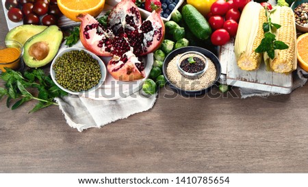 Healthy diet background. Clean and detox eating. Vegan or gluten free diet. Raw organic fruits, vegetables, grain and superfood  for  cooking 