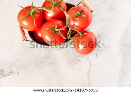 Fresh Red Ripe Tomatoes On The Vine On Marble Background Top View, Copy Space