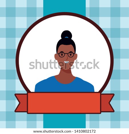 woman afro avatar cartoon character portrait profile style round frame with red ribbon banner over blue background vector illustration graphic design
