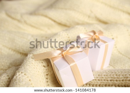 Close-up of two white gift boxes. Boxes for jewelry