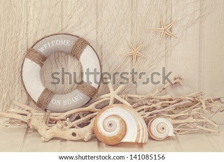Life buoy decoration on white shabby background