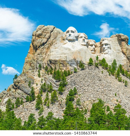 Square photograph of the carved faces of US presidents in Mount Rushmore national monument and the pine tree forest in the Black Hills, Rapid City, South Dakota, United States of America, USA.