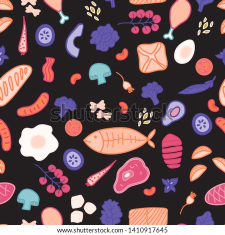 Cartoon food style hand drawing. Vector repeating seamless pattern. Bright colors palette background. Surface design.