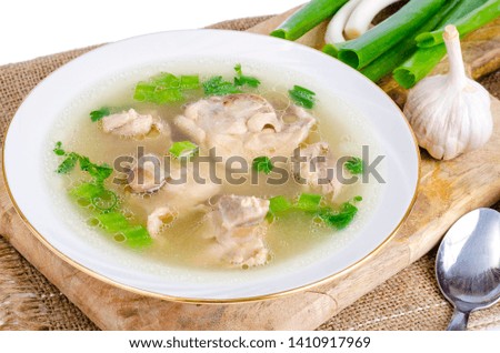 Broth with chicken meat Isolated on White background. Studio Photo