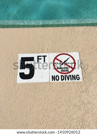 No diving 3 feet 4 5 three four five shallow water warning pool swimming summer chlorine side jump relax sign symbol