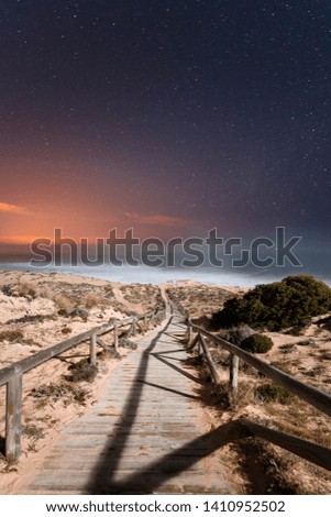 Path to the beach with starry sky, Cape Trafalga, Cadiz, Spain