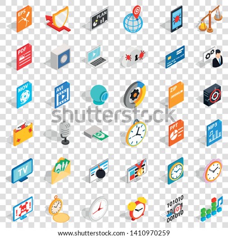Multimedia icons set. Isometric style of 36 multimedia vector icons for web for any design