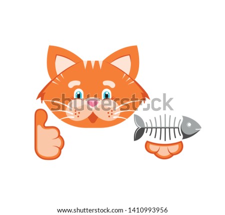 Vector illustration. Orange funny cat with fish bone. Goods for pet store, pet food, the concept of an advertising logo.