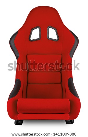 Red black carbon fiber race car bucket seat isolated on white background. Motorsport, Sim racing, and tuning concept.