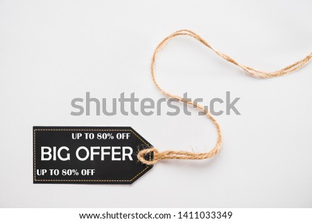Big Offer 80% off black tag or price tag with brown string on white background, vector illustration