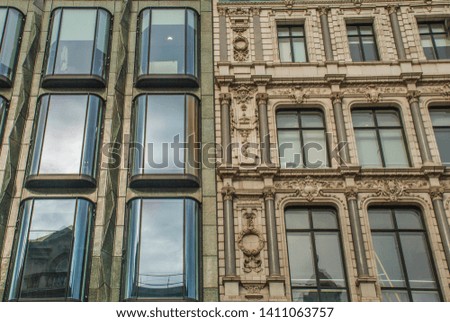 Abstract images of geometric shapes on buildings in London, suitable for making background images.