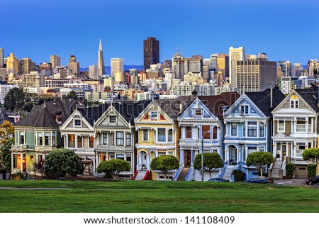 View from Alamo Square at twilight, San Francisco. Royalty-Free Stock Photo #141108409