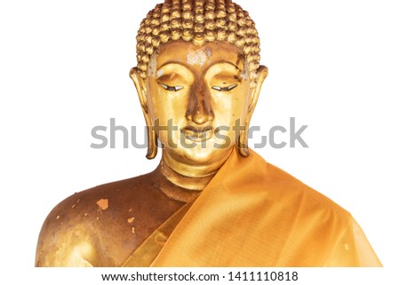 Golden buddha head isolated on White background . Asian culture .