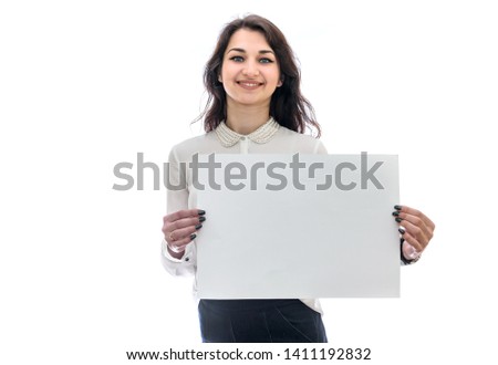 Woman with sheet of paper isolated on white
