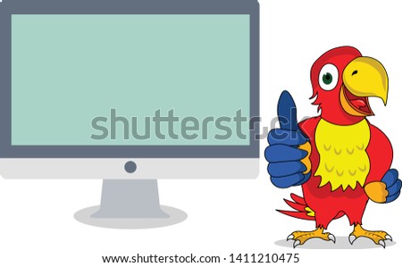 funny smart happy parrot showing thumbs up in front of a display monitor blank empty