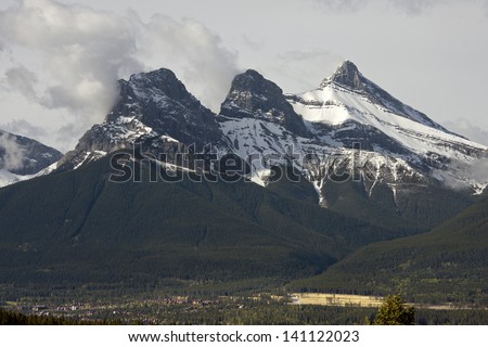 View of the Three Sisters Mountain Range. Picture taken on the Lady Macdonald Hiking Trail. Canmore, Alberta, Canada