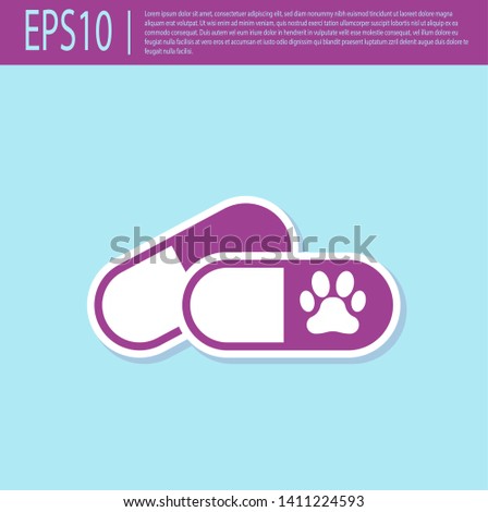 Retro purple Dog and pills icon isolated on turquoise background. Prescription medicine for animal. Vector Illustration