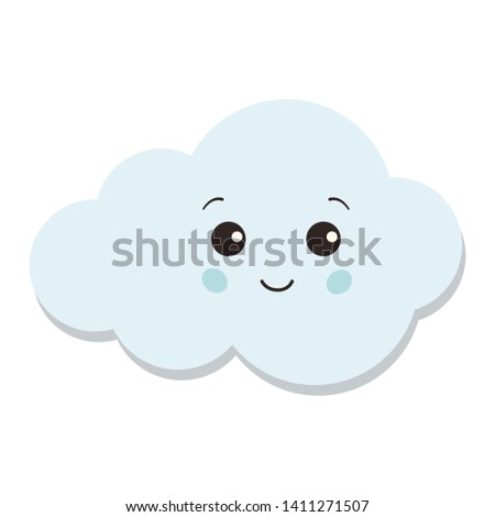 Cute blue cloud icon isolated on white background. Sweet and funny smiling cloud vector sign. Cartoon  style flat graphic design elements. Vector colored character illustration for childrens.