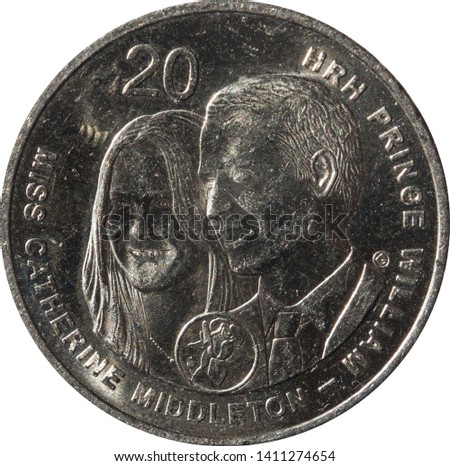 Australian twenty-cent coin Commemorating the Royal Wedding of Prince William and Catherine Middleton year 2011, isolated on white background.