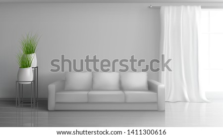 Home living room, apartment hall realistic vector sunny interior in classic style mockup with empty grey wall behind soft sofa, long white curtain on window rod, glossy laminate on floor illustration