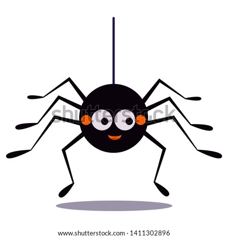 Cute smiling black spider hanging on a string of cobwebs icon isolated on white background. Animal character for the elements of designs to celebrate Halloween party. Flat design vector illustration.