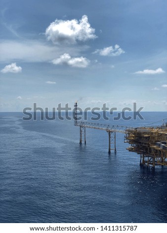 Aerial view of offshore living quarter platform or Offshore rig blue sky or Offshore oil and gas Accommodation Platform or Living Quarter and Production plant under a beautiful weather or blue sky