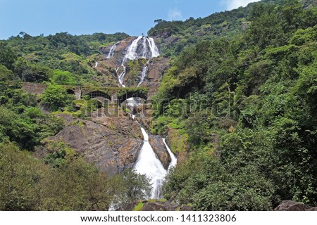 Dudhsagar falls. Waterfall. Bhagwan Mahavir Wildlife Sanctuary, GOA, India. Royalty-Free Stock Photo #1411323806