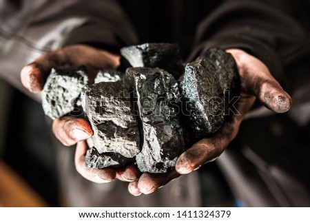 Coal mining : coal miner in the man hands of coal background. Picture idea about coal mining or energy source, environment protection. Industrial coals holding on hands. Volcanic rock. 