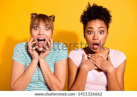 Close up photo beautiful students she her lady hands arms raised cheeks chest different nationalities shopping store mall wear casual white striped t-shirt clothes isolated yellow bright background