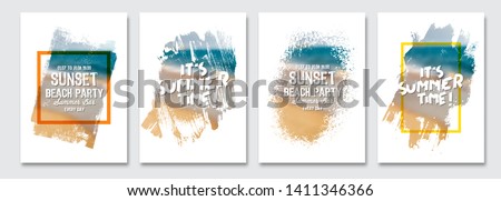 Vector paint brush clipping masks for summer flyer, holidays  brochure, banner, poster design. Beach summer blur background. Royalty-Free Stock Photo #1411346366