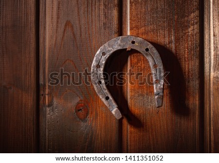 old horse horseshoe hanging horns down on a rusty nail on a dark wooden wall