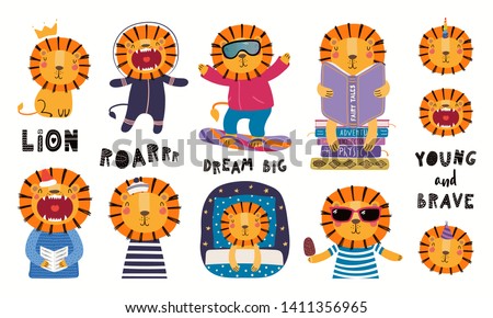 Set of cute lion illustrations, astronaut, king, sailor, unicorn, reading, sleeping. Isolated objects on white background. Hand drawn vector. Scandinavian style flat design. Concept for children print