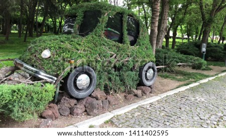 Car is covered with grass.