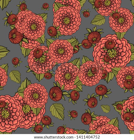 Seamless pattern with dahlia flowers, nature floral background, stock vector illustration.

