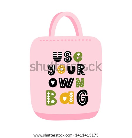 Сanvas bag with eco-friendly lettering: Use your own bag, with floral elements, in Scandinavian style. It can be used for cards, brochures, poster and other promotional materials.