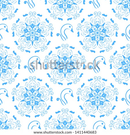 Seamless pattern with ornament and stylized light blue swans on the white background. Endless background  for your greeting cards, design, wedding announcements.
