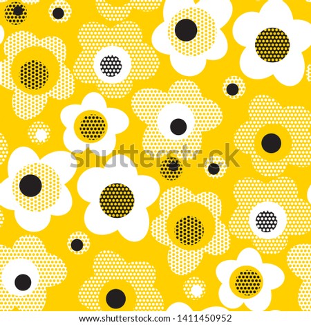 Abstract geometric yellow floral seamless pattern. Cool funny textured floral rapport in vintage 60s style. simple two colors motif for background, textile, fabric, wrapping paper. 