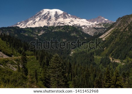 A snow capped mountain, Mount Rainier, at spring time with a forest of lush green pine trees in the foreground and road sweeping across the picture