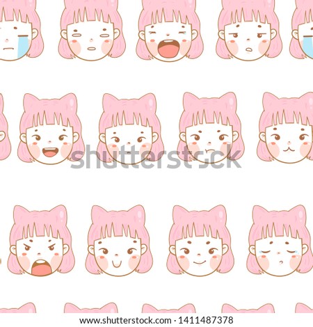 Kawaii girl with pink hair and cat ears. Various face emotions. Cute funny character. Hand drawn vector seamless pattern. Colored trendy illustration. Flat design