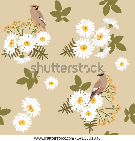Seamless vector illustration with field chamomile and bird on a beige background. For decoration of textiles, packaging, wallpaper.