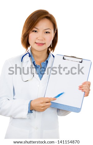 Nurse showing medical sign clipboard copy space. Female medical doctor or nurse pointing at blank empty copyspace. 