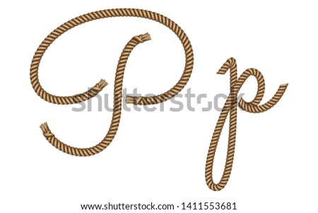 Rope hand drawn font, 3d realistic effect, capital uppercase and lowercase letters P. Vector illustration EPS 10