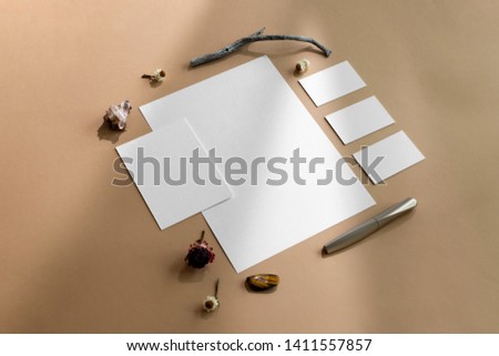 Real photo, stationery branding mockup template, isolated on light brown background with natural sunlit shadows to place your design.