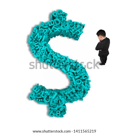 Big data, information analysis and restructuring concept. Thinking business man looking at blue green dollar sign money symbol of huge amount 3d letters and numbers, isolated on white background.