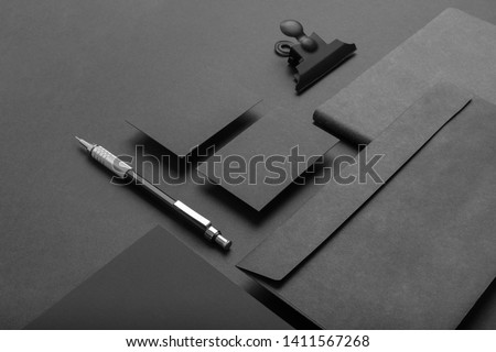 Real photo, black stationery branding mockup template, on black background to place your design.