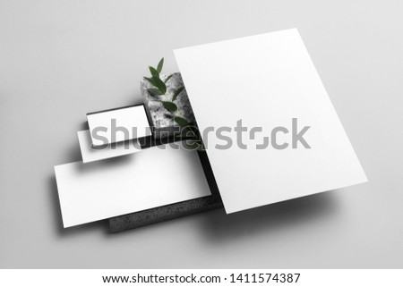 Real photo, stationery branding mockup template to place your design, isolated on light grey background, with marble, granite, gloden and floral elements.