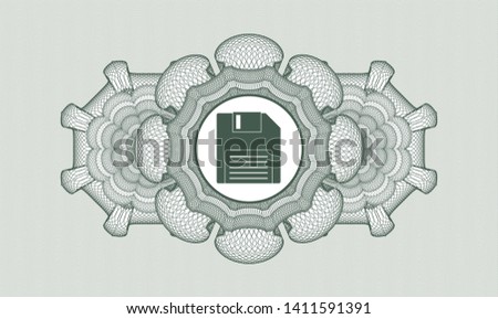 Green rosette or money style emblem with diskette icon inside