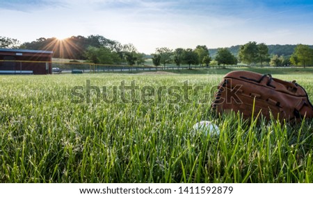Baseball and glove on grass in morning dew early morning spring