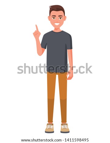 Vector illustration of smiling man in casual clothes pointing with hand and finger to the side. Cartoon realistic people. Flat young man. Front view, Side view, Isometric view.